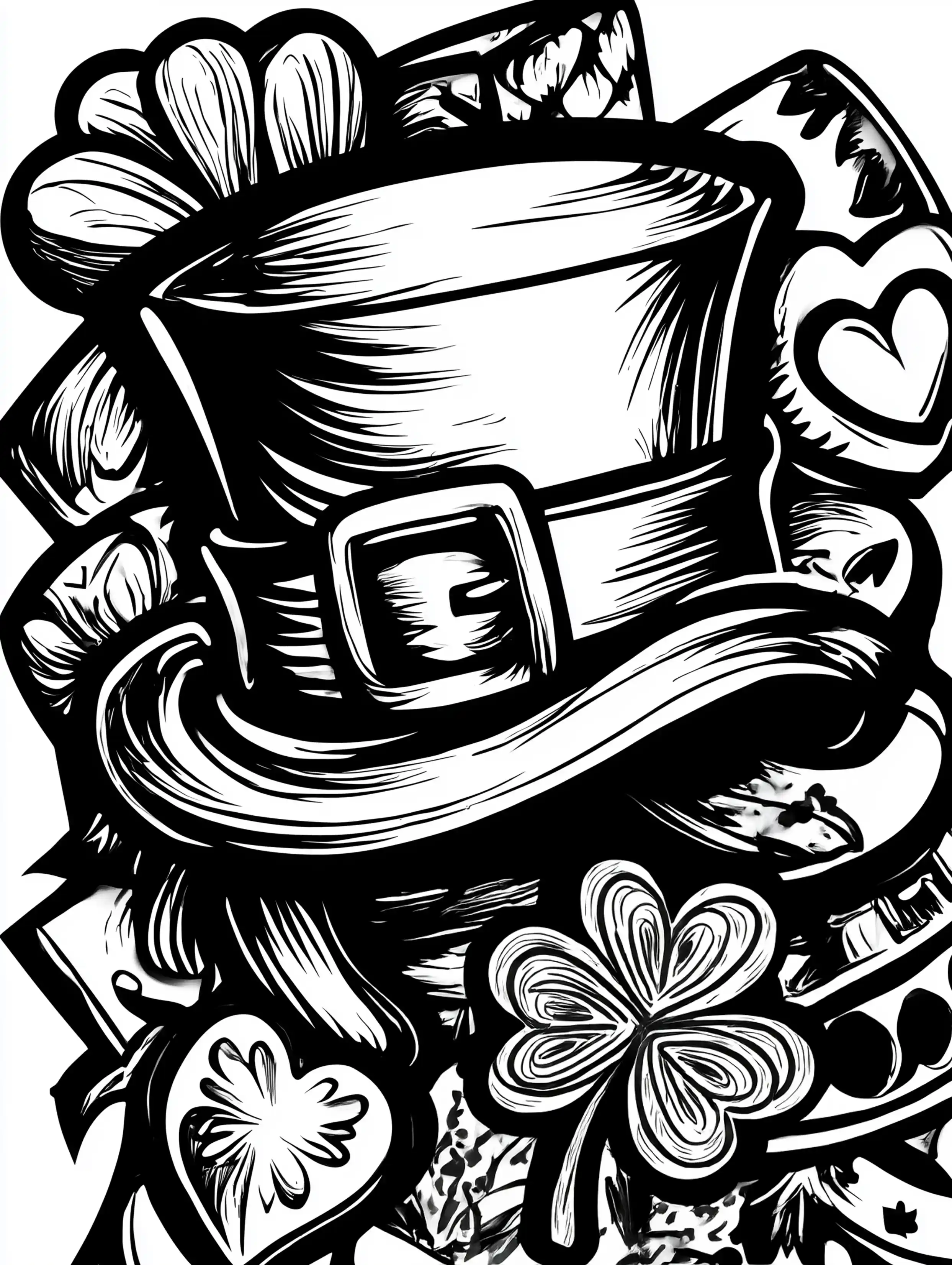 Free printable St Patricks Day coloring page for adults featuring a leprechaun hat with a four leaf clover
